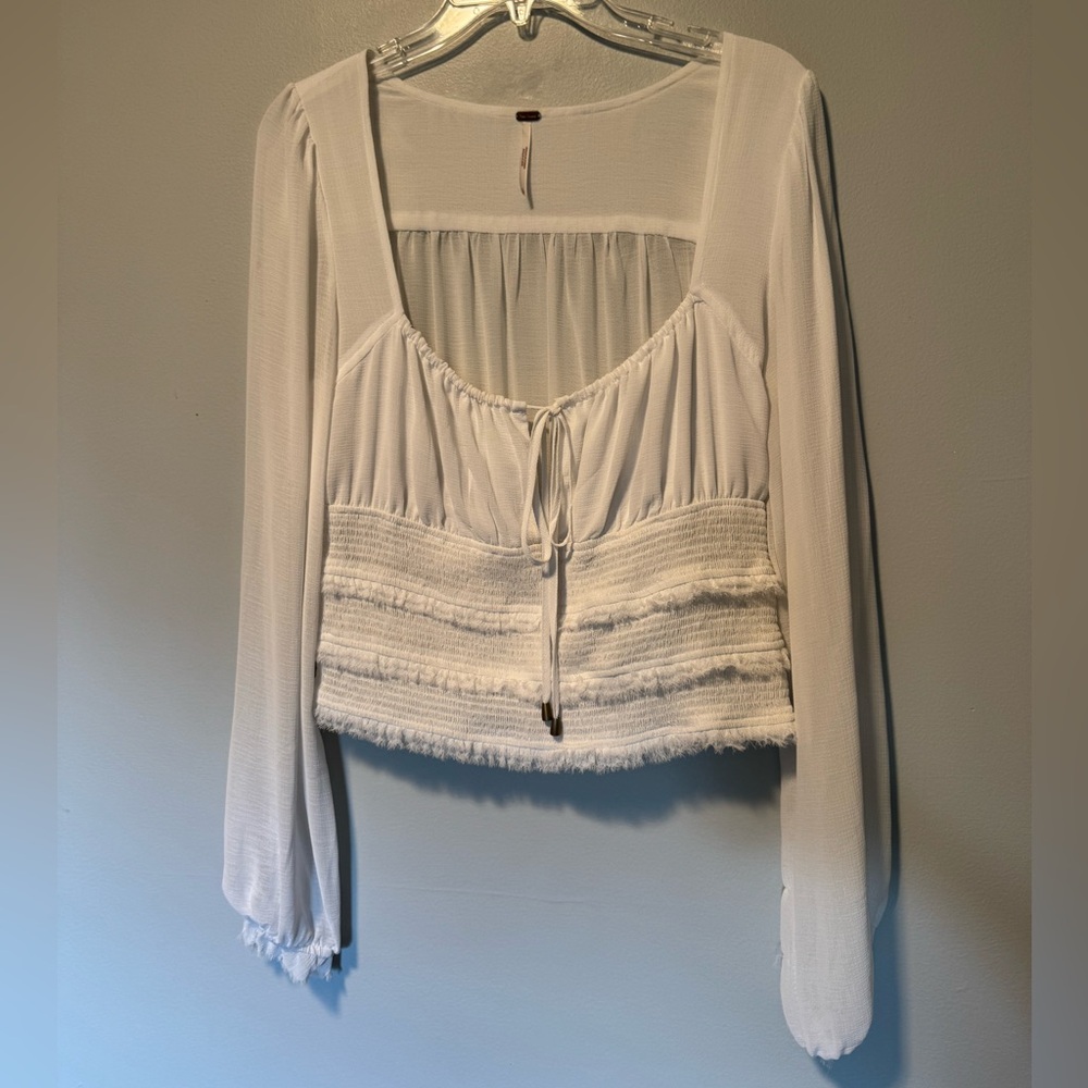 NWOT Free People White Sheer Long Sleeve Top Sz L
